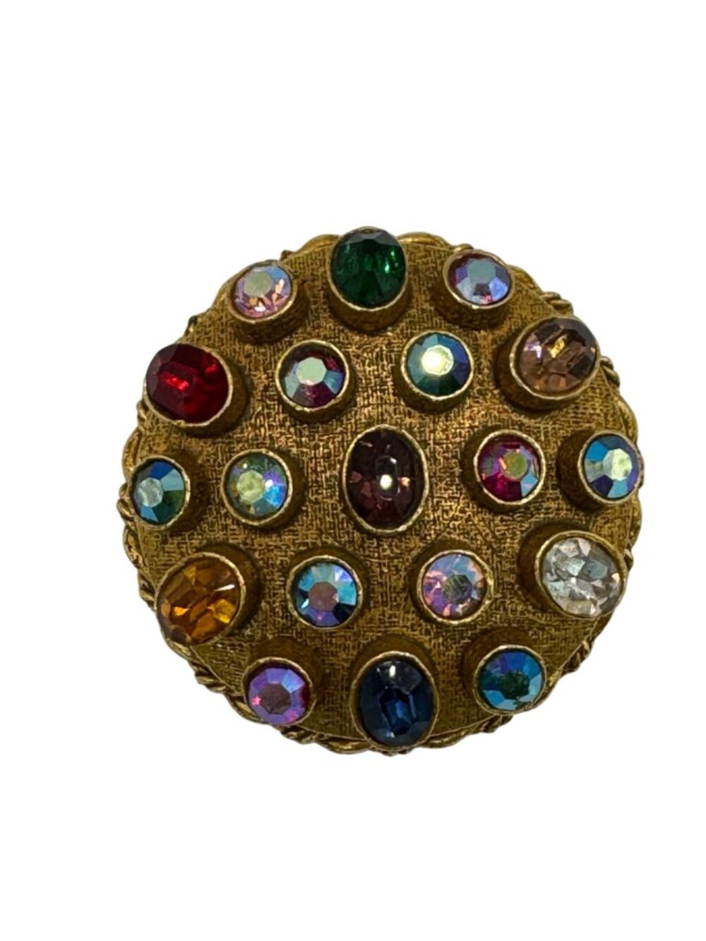 Vintage ART Signed Gold Tone Brooch Multicolor Rhinestones Round Statement 2" - Picture 8 of 11
